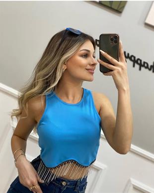 Mavi Zincir Dikimli Crop 