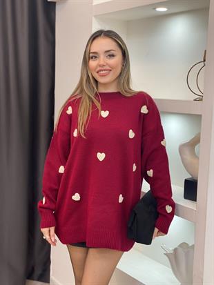 Nisan Marka Bordo Beyaz Kalp Detaylı Kazak