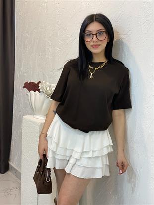  Kahve Yaka Manşetli Pamuklu Tshirt