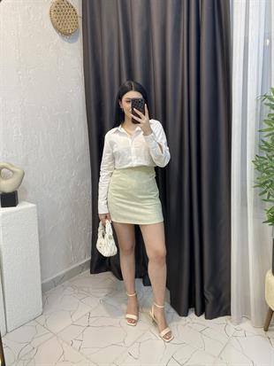 Pastel Yeşil Renk Arkası Fermuarlı Keten Etek