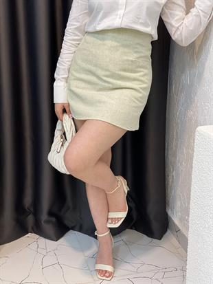 Pastel Yeşil Renk Arkası Fermuarlı Keten Etek