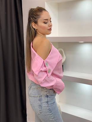 Pembe Asimetrik Yaka Gömlek 