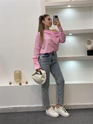 Pembe Asimetrik Yaka Gömlek 