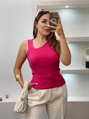 Pembe Asimetrik Yaka Triko Bluz