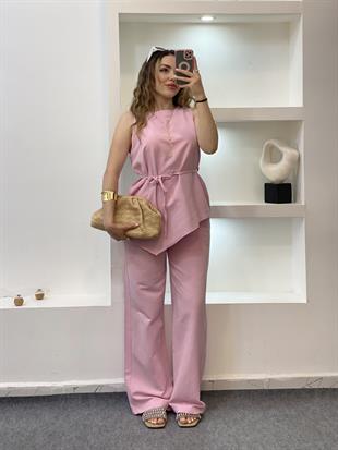 Pembe Beli Kuşaklı Keten Takım