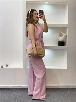 Pembe Beli Kuşaklı Keten Takım
