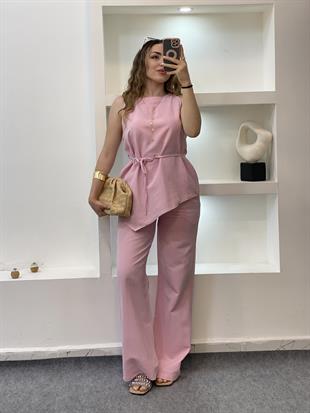 Pembe Beli Kuşaklı Keten Takım