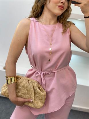 Pembe Beli Kuşaklı Keten Takım