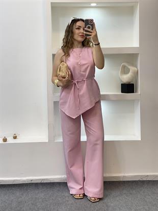 Pembe Beli Kuşaklı Keten Takım