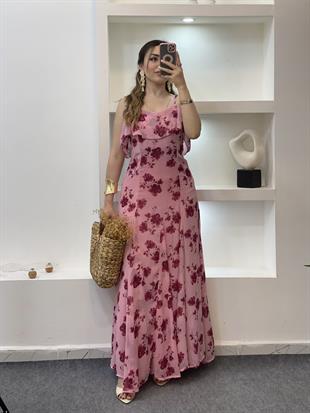 Pembe Çiçek Desen Askılı Şifon Elbise