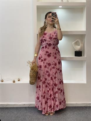 Pembe Çiçek Desen Askılı Şifon Elbise