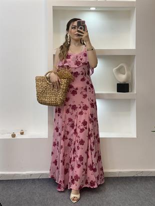 Pembe Çiçek Desen Askılı Şifon Elbise