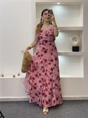 Pembe Çiçek Desen Askılı Şifon Elbise