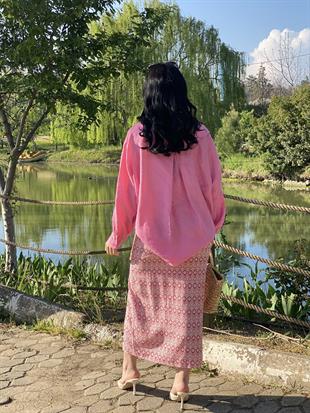 Pembe Desenli Baglamalı Model Keten Etek