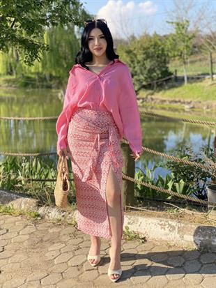 Pembe Desenli Baglamalı Model Keten Etek