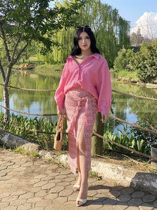 Pembe Desenli Baglamalı Model Keten Etek