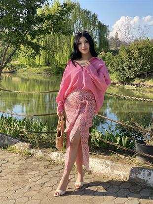 Pembe Desenli Baglamalı Model Keten Etek