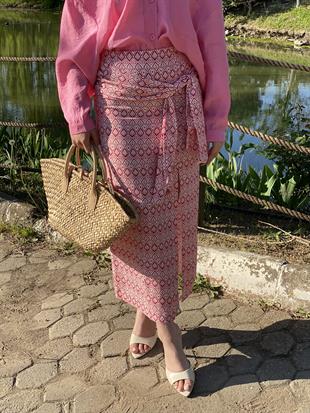 Pembe Desenli Baglamalı Model Keten Etek