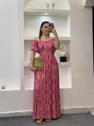 Pembe Desenli Sırt Dekolteli Elbise