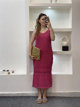 Pembe Desenli Triko Elbise