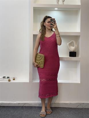 Pembe Desenli Triko Elbise