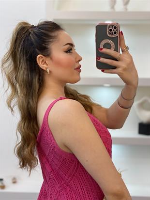 Pembe Desenli Triko Elbise