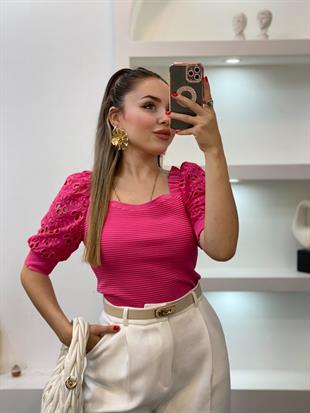 Pembe Fisto Kollu Triko Bluz