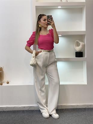 Pembe Fisto Kollu Triko Bluz