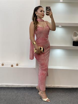 Pembe Fularlı Premium Kalite İnce Askılı Elbise