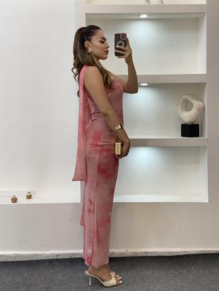 Pembe Fularlı Premium Kalite İnce Askılı Elbise