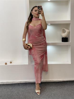 Pembe Fularlı Premium Kalite İnce Askılı Elbise