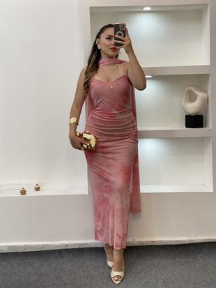 Pembe Fularlı Premium Kalite İnce Askılı Elbise