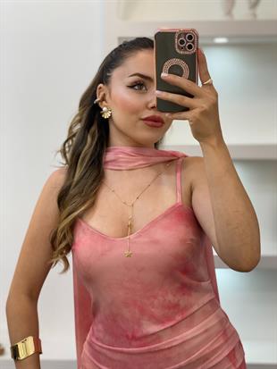 Pembe Fularlı Premium Kalite İnce Askılı Elbise