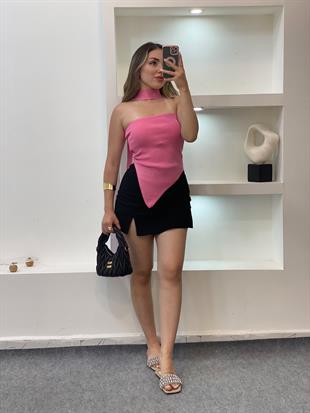 Pembe Fularlı Triko Bluz
