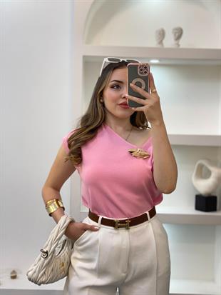 Pembe Gold Toka Detaylı Triko Bluz