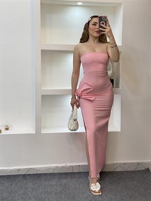Pembe Gül Detaylı Straplez Elbise