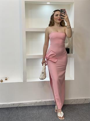 Pembe Gül Detaylı Straplez Elbise