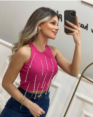 Pembe İnci Dikimli Crop 