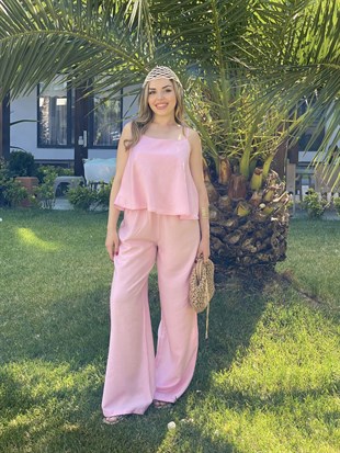 Pembe İp Askılı Alt Beli Lastikli Tensel Takım
