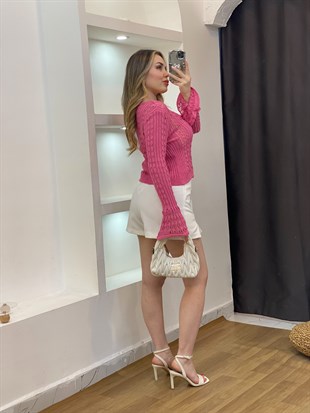 Pembe İspanyol Kol Triko Hırka 