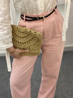 Pembe Kemerli Model Keten Palazzo Pantolon 