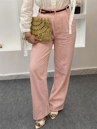 Pembe Kemerli Model Keten Palazzo Pantolon 
