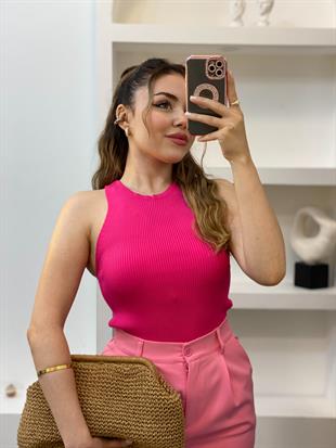 Pembe Kolsuz Basic Triko Bluz