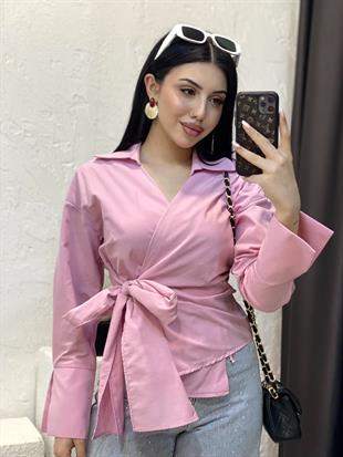 Pembe Kruvaze Yaka Bağlamalı Model Gömlek 