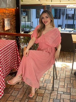 Pembe Mini Puantiye Desenli Şifon Elbise