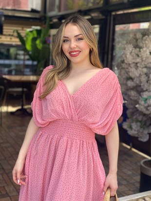 Pembe Mini Puantiye Desenli Şifon Elbise