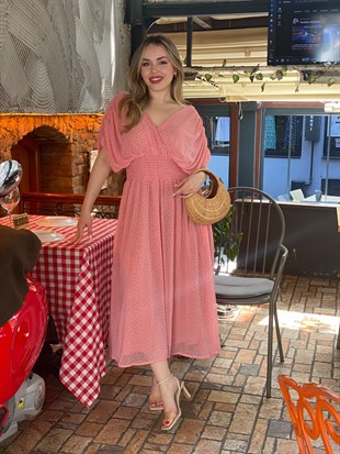 Pembe Mini Puantiye Desenli Şifon Elbise