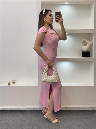 Pembe Omuz Gold Tokalı Elbise