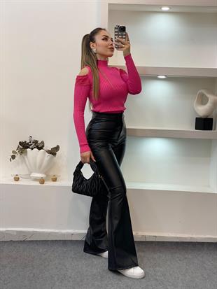 Pembe Omuz Pencereli Model Triko Bluz