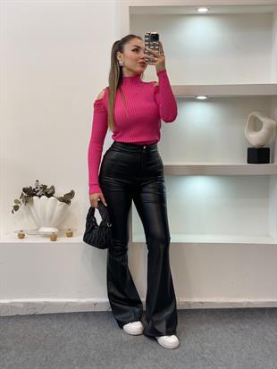 Pembe Omuz Pencereli Model Triko Bluz